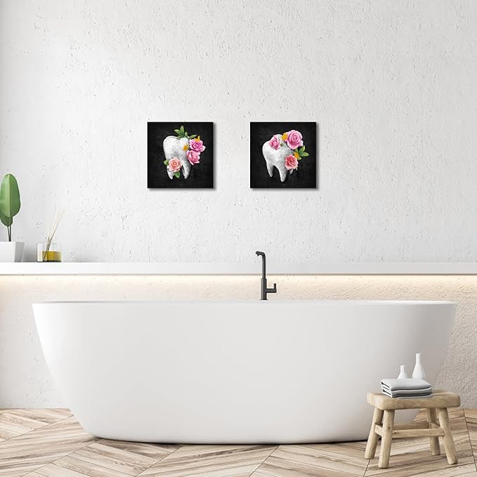 HOMEOART Dental Office Decor Black and Pink Bathroom Decor Painting Dentist Office Decor Kids Bathroom Decoration Framed Artwork, Ready to Hang 12"x12"x2 Panels