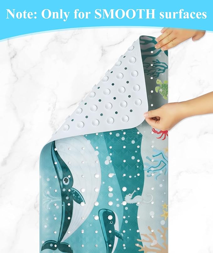 Bath Mat for Tub Non Slip, Machine Washable Anti-Slip Cartoon Baby Bathtub Shower Mat with Drain Holes and Suction Cups for Toddler & Kids, 40 Inch x 16 Inch, Whales