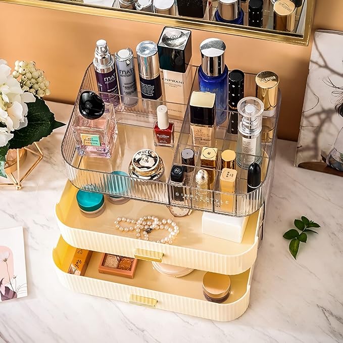 Makeup Organizer with Stackable Drawers, Bathroom Countertop Vanity Organizers and Storage, Ideal for Desk and Dresser, Great for Cosmetics, skin Care, Lipsticks, Nail Care -Cream White