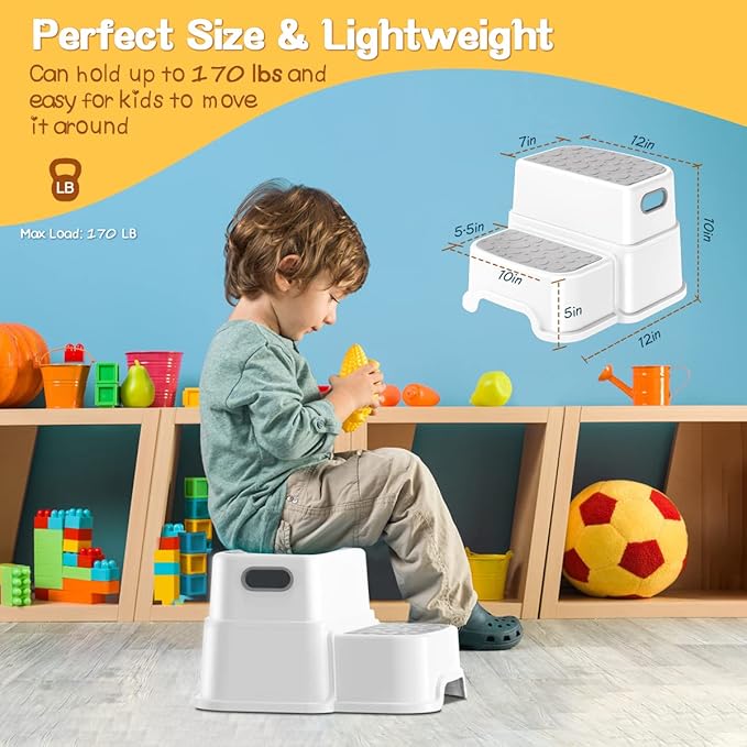 Toddler Step Stool,2 Step Stools for Kids with Anti-Slip Surface and Rubber Bottom, Kids Step Stool Poop Stool for Toilet Potty Training, Bathroom, Kitchen(Include 2 Ducks)