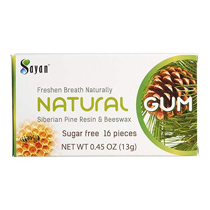 Sayan Sugar Free All Natural Gum, Siberian Pine Tree Resin and Beeswax Chewing Gum for Fresh Breath, Vegetarian, Non-GMO, No Sugar, Gluten Free, Aspartame Free, No Preservatives - 1 Pack (16 Pieces)