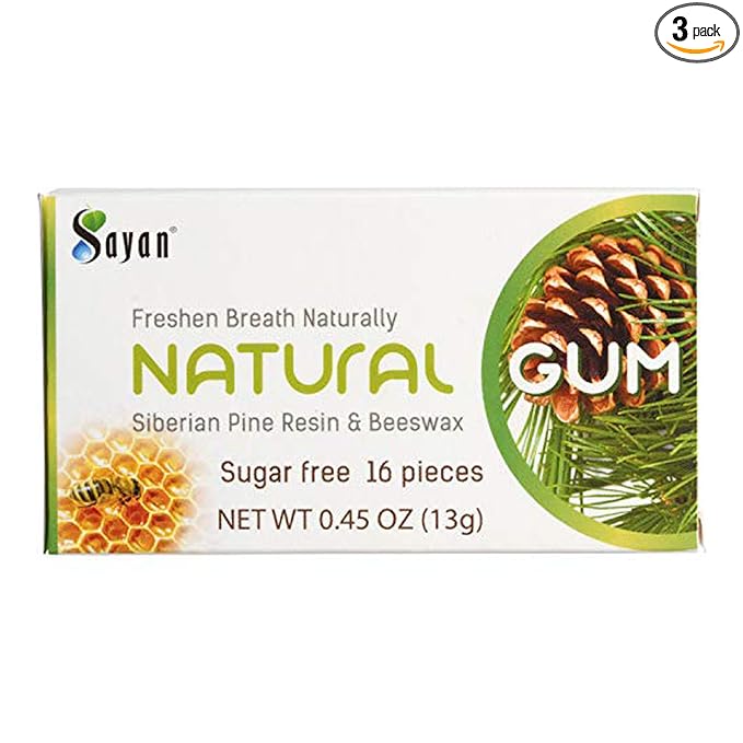 Sayan Sugar Free All Natural Gum, Siberian Pine Tree Resin and Beeswax Chewing Gum for Fresh Breath, Vegetarian, Non-GMO, No Sugar, Gluten Free, Aspartame Free, No Preservatives - 3 Packs (48 Pieces)