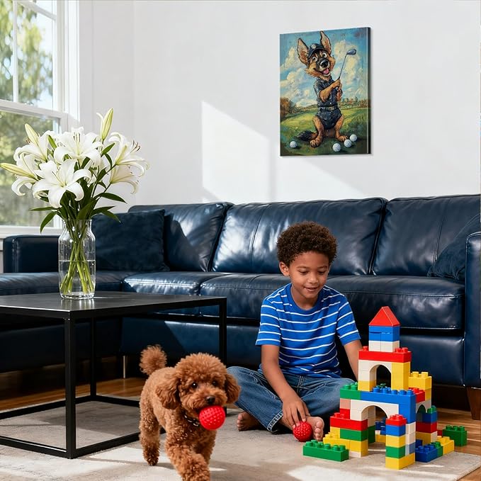 YOUHONG Animal Wall Art Animal Canvas Wall Art Dog Painting with Inner Wooden Frame - Lightweight, Sports Room Decor for Boys Living Room Decoration Ready to Hang (12x15.7 Inches)