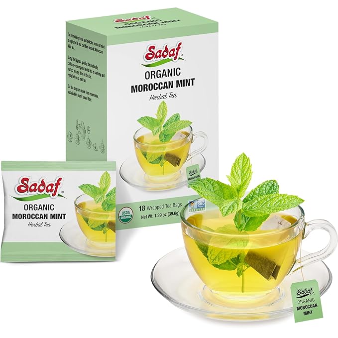 Sadaf Organic Moroccan Mint Tea - Mint Tea Bags - Ideal for Hot or Iced Tea - Organic Herbal Tea - Kosher - 18 Wrapped Tea Bags