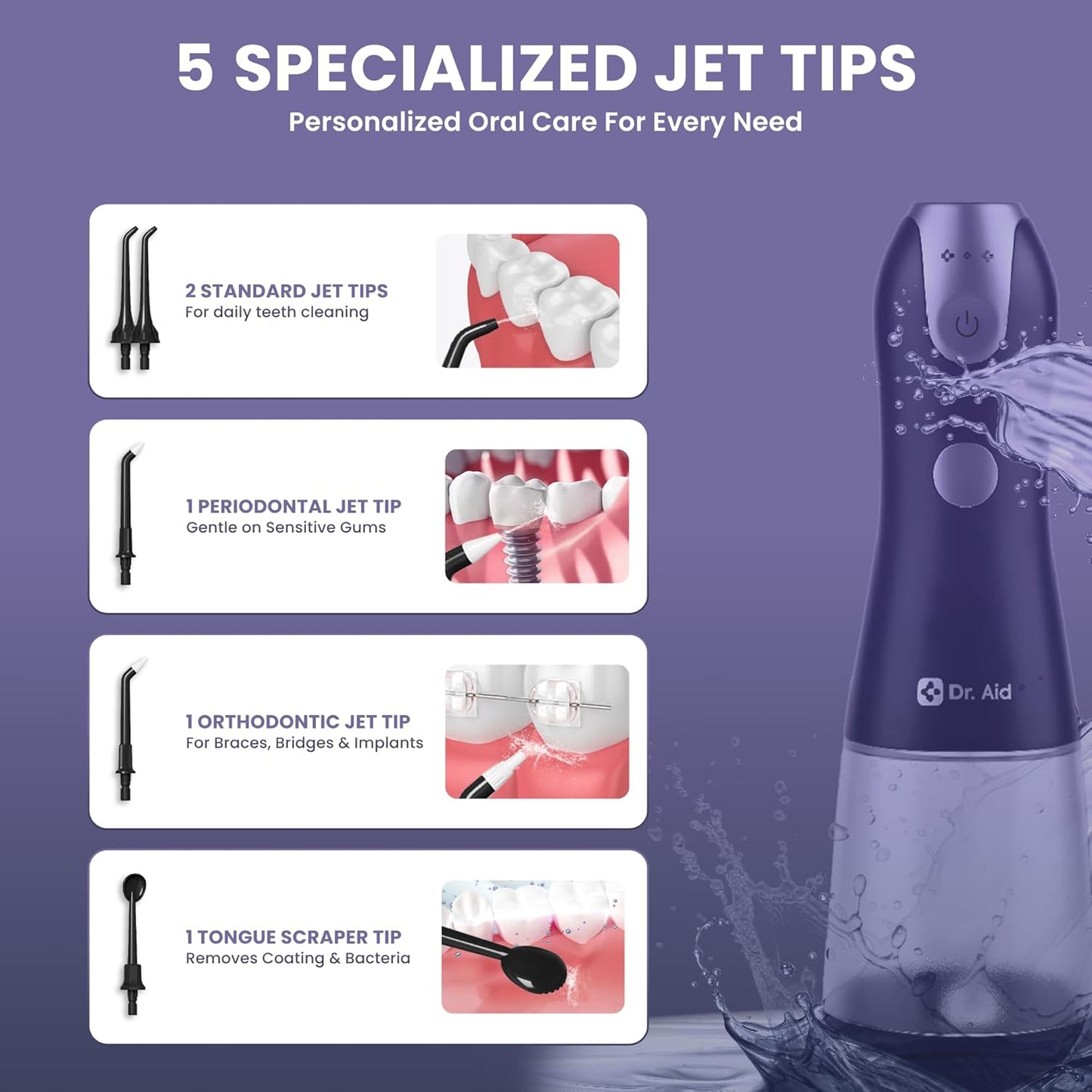 Dr. Aid Dental Water Flosser – Portable Oral Irrigator – 11Oz Tank, Water Filter, 5 Tips, Magnetic Charger – IPX8 Waterproof Cordless Water Flosser, Ideal Water Flossers for Teeth, Gums, Braces, Black