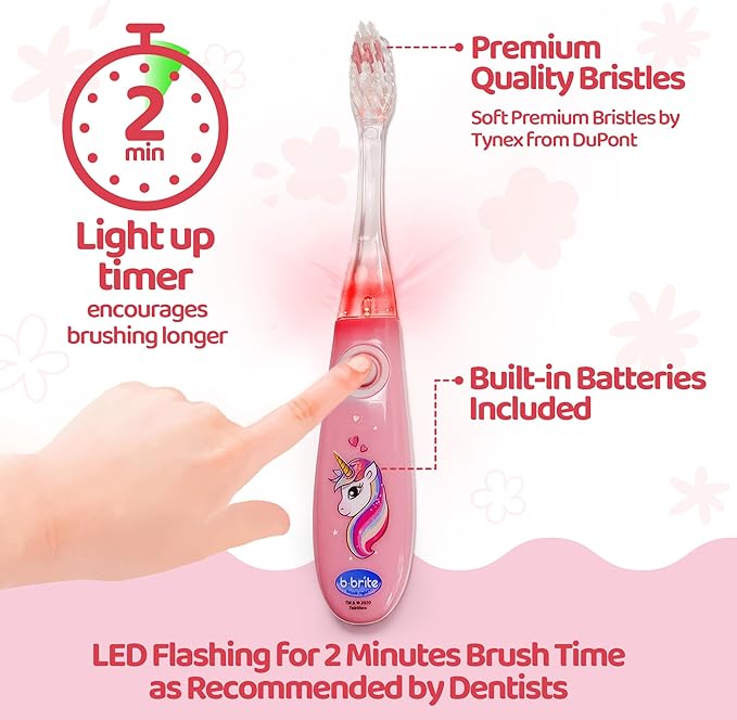Lily's Home Kids Flashing Timer Toothbrush kids with Soft Bristles, Rising Cup & Cover - Fun 2-Min Light-Up Brushing for Children - Toddler Soft Toothbrush Kit (unicorn)