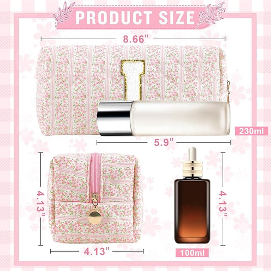 Personalized Quilted Cosmetic Bag, Puffy Monogrammed Christmas Birthday Gifts for Women & Girls, Cute initial Floral Makeup Bag Puffer Coquette Bag, Aesthetic Travel Toiletry Zipper Pouch(Pink,I)