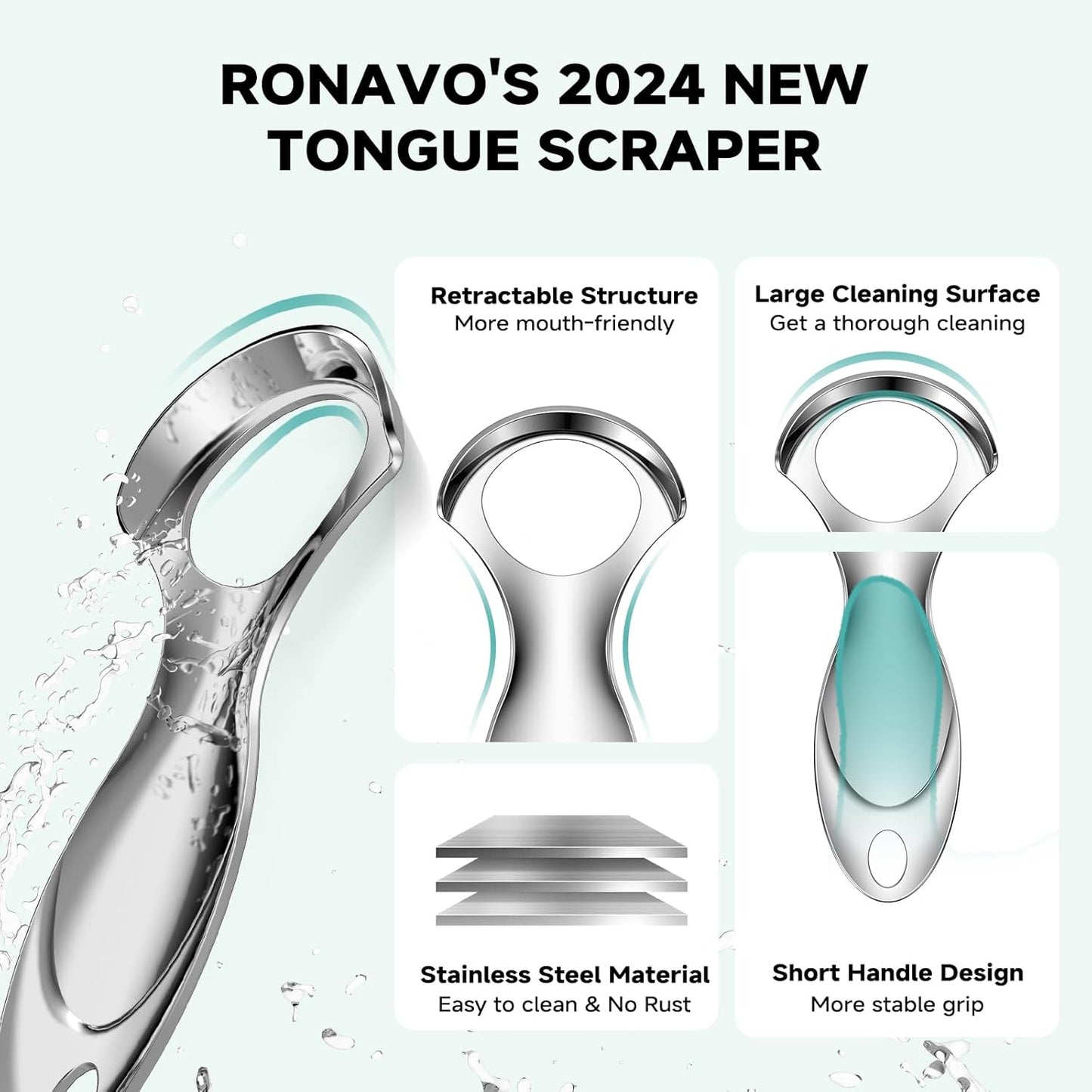 RONAVO Tongue Scraper Tongue Cleaner (New Series) Tongue Scraper for Adults Portable Storage Tongue Coating Removal Bad Breath Care Metal Tongue Scraper with Green Carrying Case