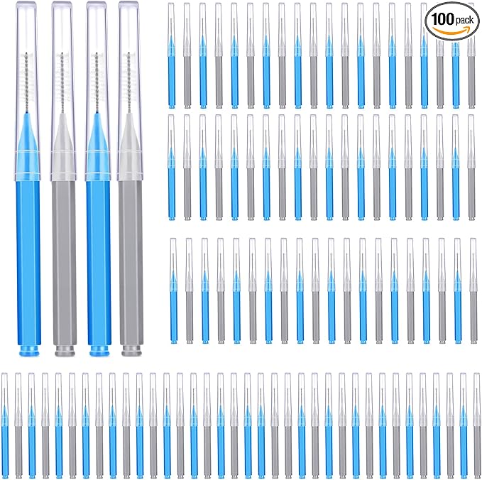 Patelai 100 Pieces Braces Brush for Cleaner Interdental Brush Toothpick Dental Tooth Flossing Head Oral Dental Hygiene Flosser Toothpick Cleaners Tooth Cleaning Tool(Blue, Grey,Mixed Sizes)