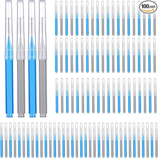 Patelai 100 Pieces Braces Brush for Cleaner Interdental Brush Toothpick Dental Tooth Flossing Head Oral Dental Hygiene Flosser Toothpick Cleaners Tooth Cleaning Tool(Blue, Grey,Mixed Sizes)