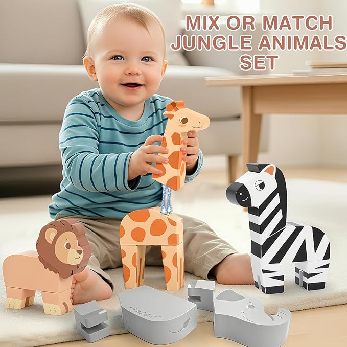 Joyreal Magnetic Mix or Match Jungle Animals Toy Play Set, 16 Pcs Mix and Match Connectable Wooden Building Blocks Play Set Toy for Fine Motor Montessori Game Preschool Educational Gift for Ages 1-5