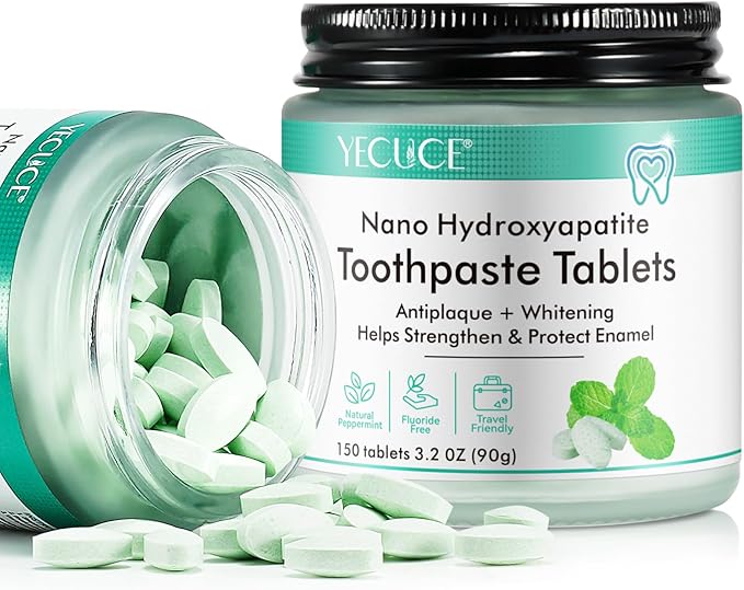 Toothpaste Tablets,150 Nano Hydroxyapatite Toothpaste Tablets, Chewable Xylitol Toothpaste Tablets, Fluoride-Free - Natural Whitening Remineralizing Travel-Friendly Eco Tabs, Peppermint