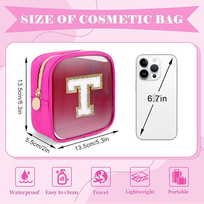 Personalized Initial Letter Clear Preppy Makeup Bag,Mini Nylon Chenille Letter Cosmetic Bag Cute Zipper Pouch Coin Purse for Teen Girls,Portable TSA Approved Travel Essentials Bag Gift for Women,T