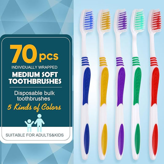 Navona 70 PCS Premium Individually Wrapped Bulk Toothbrush Pack, Disposable Toothbrushes, Kids Toothbrush, Medium Soft Bristle Toothbrushes, Ergonomics Handle, Perfect for Travel Hotel Donation