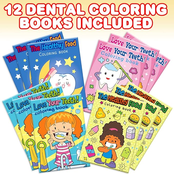 ArtCreativity Dental Coloring Book Kit for Kids - Includes 12 Mini Coloring Books and 12 Boxes of 4 Crayons Each - Fun Birthday Party Favors, Party Supplies, Great Gift Idea for Boys & Girls.