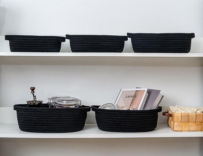 CubesLand Small Cotton Rope Storage Basket Set 5, Shelves Baskets for Organizing with Handle, Decorative Closet Storage Bins for Countertop Toilet Paper Basket for Toilet Tank Top,Black Basket