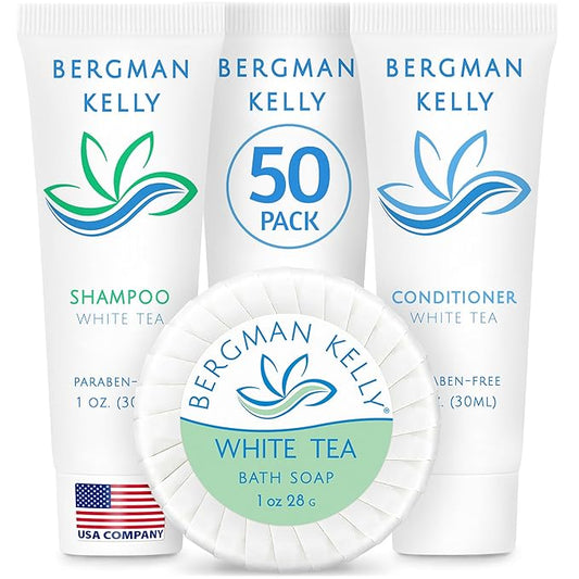 BERGMAN KELLY Round Hotel Soap Bars, Shampoo & Conditioner 3-Piece Set (1 oz each, 150 pc, White Tea), Delight Your Guests with Revitalizing & Refreshing Mini Travel Toiletries & Bulk Amenities
