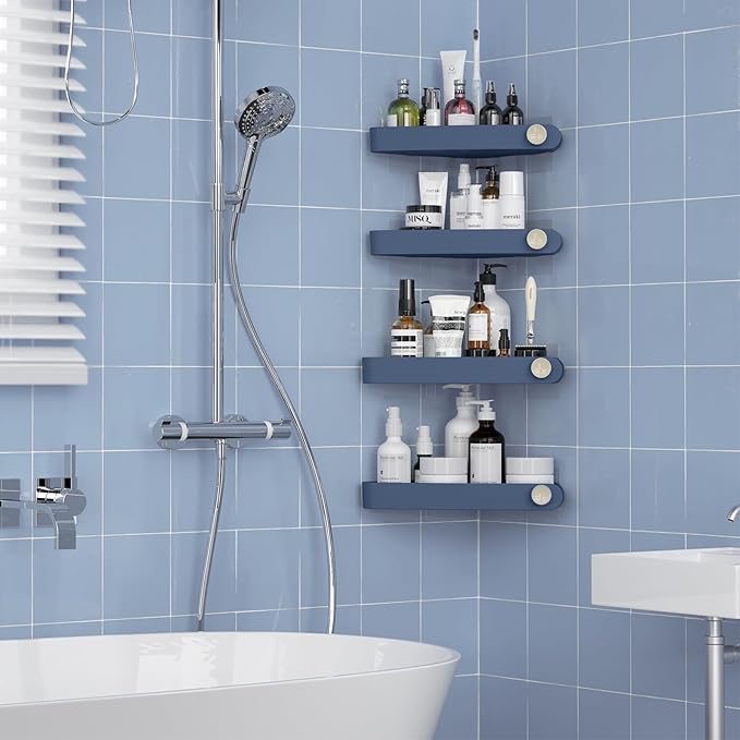 Sotfamily Shower Caddy Corner, 4 Pack Adhesive Corner Shower Shelves for Bathroom Organizers and Storage, Rust Free Plastic Rack for Bathroom Accessories & Decor, Navy