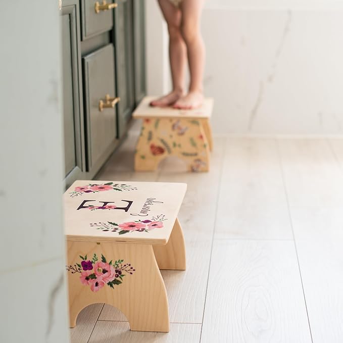 Step Stool for Toddlers- Personalized Wood Kids Step Stool with Name for Kitchen Sink, Bathroom, Potty Training, Toilet, Kitchen Sink- Sturdy and Safe- Made in USA by BloomOwl (Floral- Initial)