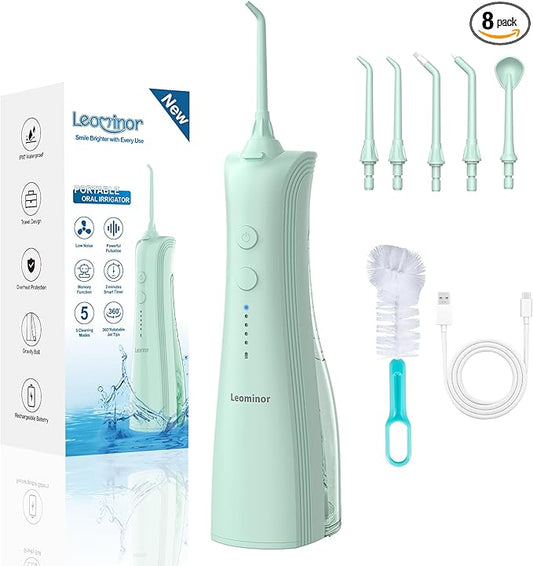 Leominor Water Dental Flosser - 5 Modes Cordless Portable Oral Irrigator, IPX7 Waterproof, Rechargeable Teeth Cleaner Upgrade Datchable Tank Professional Flossing Cleaning Pick for Home Travel(Green)