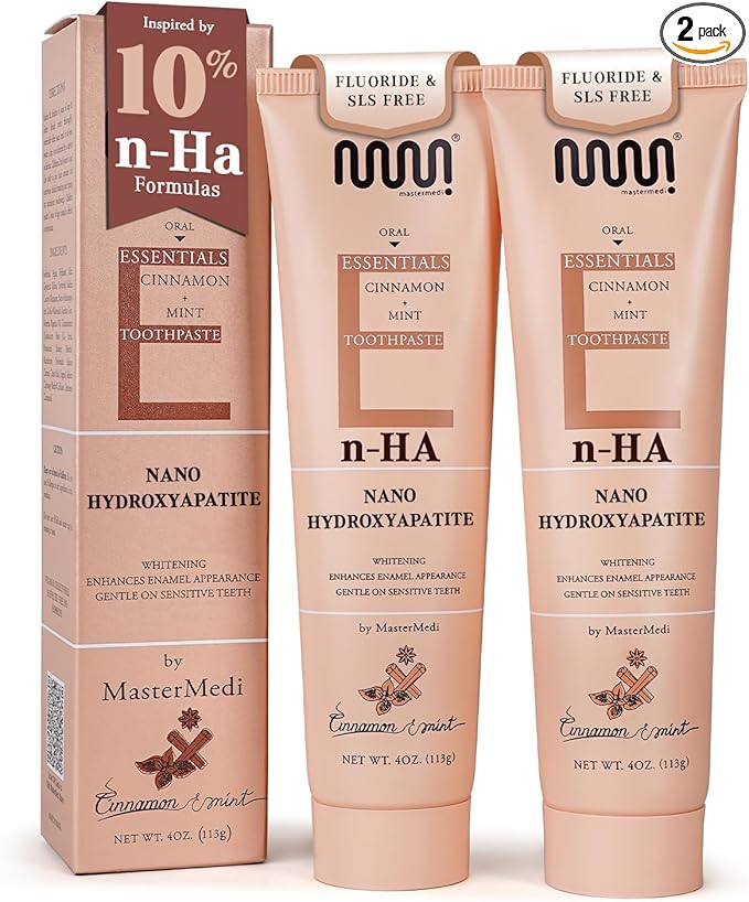 MasterMedi Nano Hydroxyapatite Toothpaste (Inspired by 10% nHA Formulas), Fluoride-Free, Whitening & Sensitivity Relief, Enamel Repair Support, SLS-Free, Xylitol, Mint & Cinnamon 4 Oz (Pack of 2)