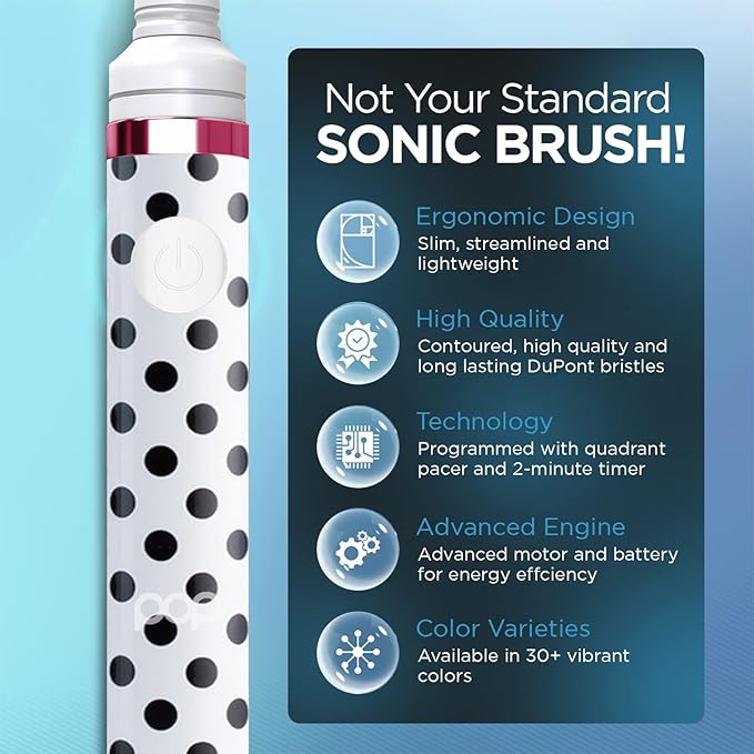Pop Sonic Electric Toothbrush (White Dots) - Travel Toothbrushes w/AAA Battery | Kids Electric Toothbrushes with 2 Speed & 15,000-30,000 Strokes/Minute, Dupont Nylon Bristles