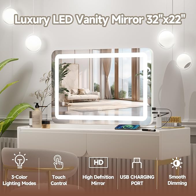 Large Vanity Mirror with Lights 32"x22", Lighted Makeup Mirror, Wall-mounted Hollywood Mirror, Touch Sensor, 3-Color Lighting, 5X Magnification, USB Port for Vanity Desk Tabletop, Bedroom, Salon