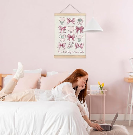 Yomisex Dentist Gifts Wall Art Poster, Dental Hygienist Assistant Office Gifts for Women, Pink Teeth Stuff Wall Art Framed for Dentist Office Home Decor, 12x16 Inch-(Pink)