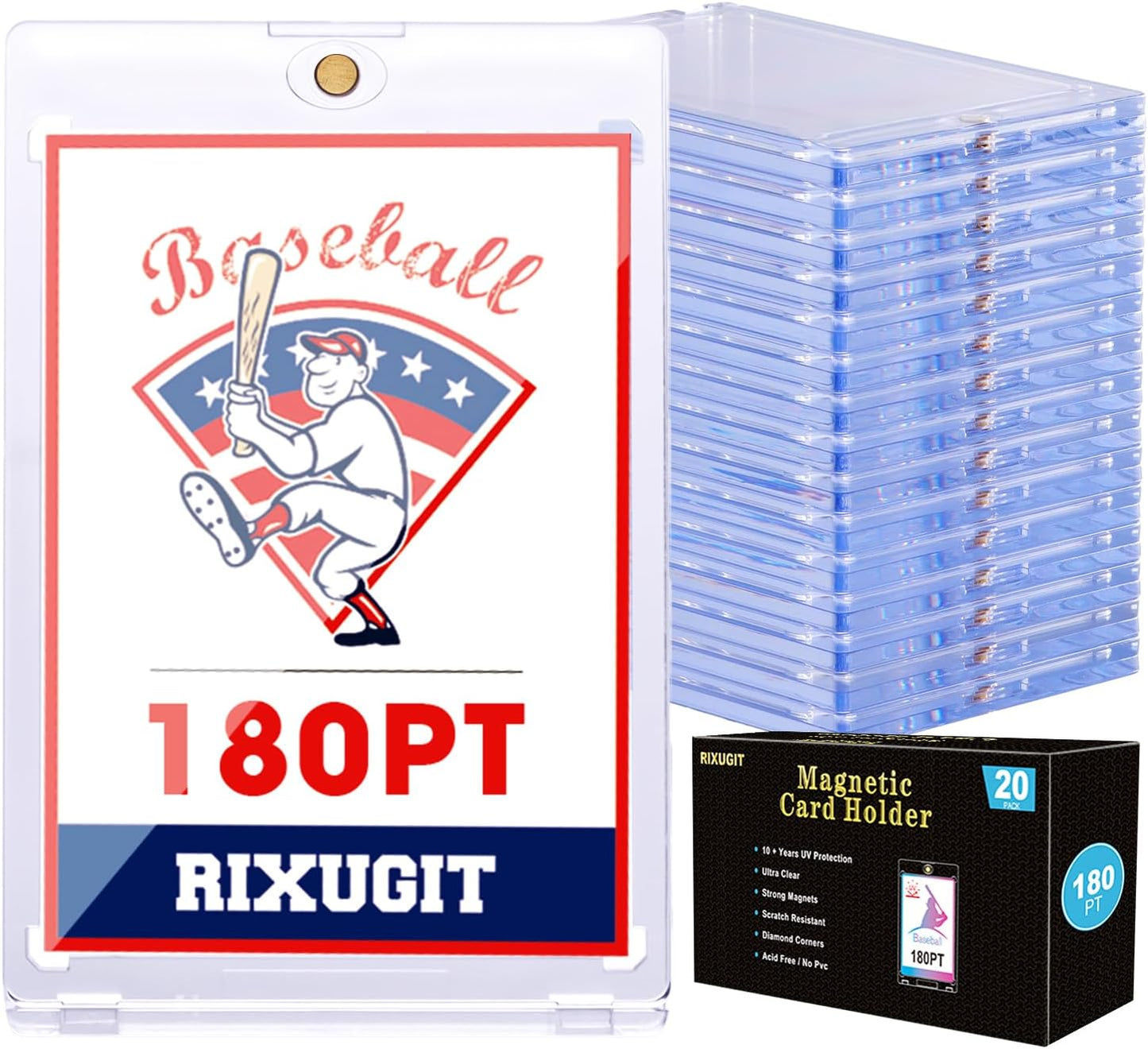 20-Pack Magnetic Card Holder for Trading-Cards - 180PT Clear Trading Card Sleeves, Magnetic Card Case for Baseball Cards, Card Protectors Hard Plastic, Display Case for Game Cards and Sports Cards