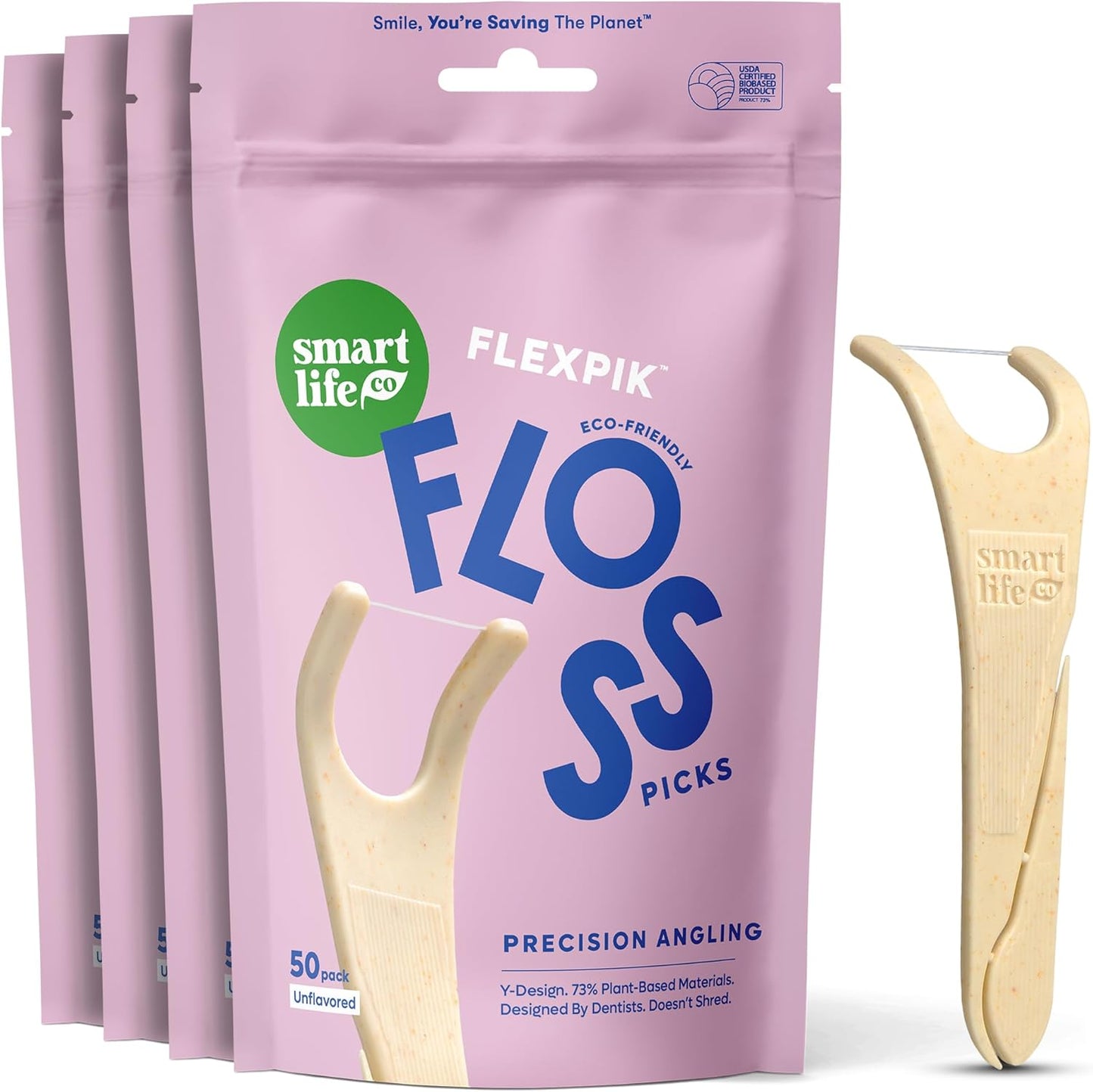 SmartLifeco Eco-Friendly Angled Dental Floss Picks (200ct) - Flossers Made with Straw Wheat Blend, Anti-Shred Thread for Molars & Back Teeth, Tooth Pick Stick for Adults, Soft on Gums, Unflavored