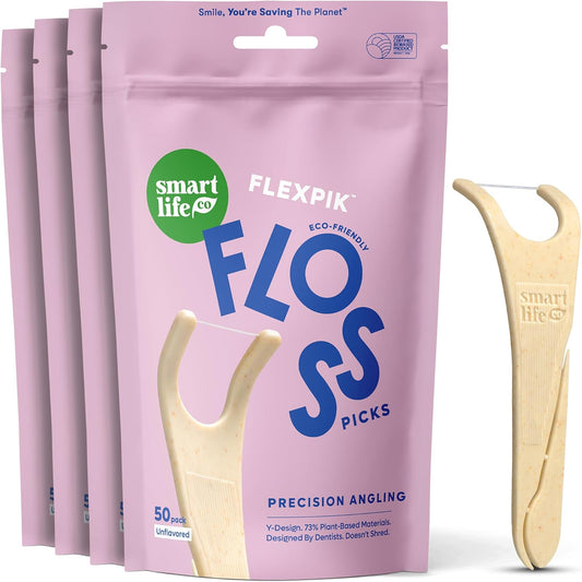 SmartLifeco Eco-Friendly Angled Dental Floss Picks (200ct) - Flossers Made with Straw Wheat Blend, Anti-Shred Thread for Molars & Back Teeth, Tooth Pick Stick for Adults, Soft on Gums, Unflavored