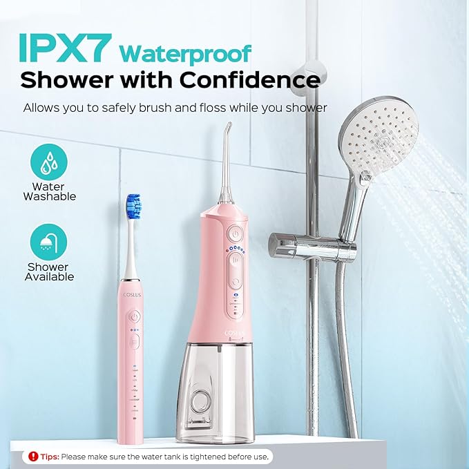 COSLUS Electric Toothbrush with Water Flosser Combo: Portable Oral Clean Kit for Teeth Brushing & Flossing, Multiple Modes for Multiple Users, Cordless for Home & Travel Use, Pink, C51C30
