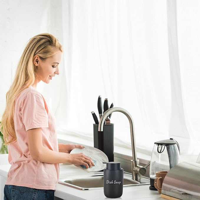 BosilunLife Black Soap Dispenser Set - 2 Pack 12oz Ceramic Dish Soap Dispenser with Rust Proof Pump for Kitchen, Hand Soap and Lotion Set Suitable for Farmhouse Bathroom Decor with Waterproof Labels