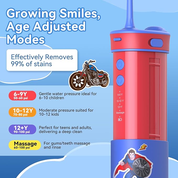 JTF Kids Water Dental Flosser: Rechargeable Portable Oral Irrigator with 4 Flossing Modes 230ml Tank 4 Tips Travel Bag Waterproof Stickers, Cordless Electric Flossers for Teeth Gum Braces Care, Age 6+