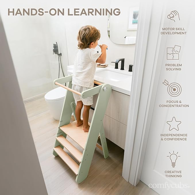 Comfy Cubs Kids Step Stool for Ages 3+, 3 Height Adjustable Toddler Tower, Montessori Furniture Designed in The US - Toddler Standing Tower for Kitchen Sink & Bathroom Access - Sage