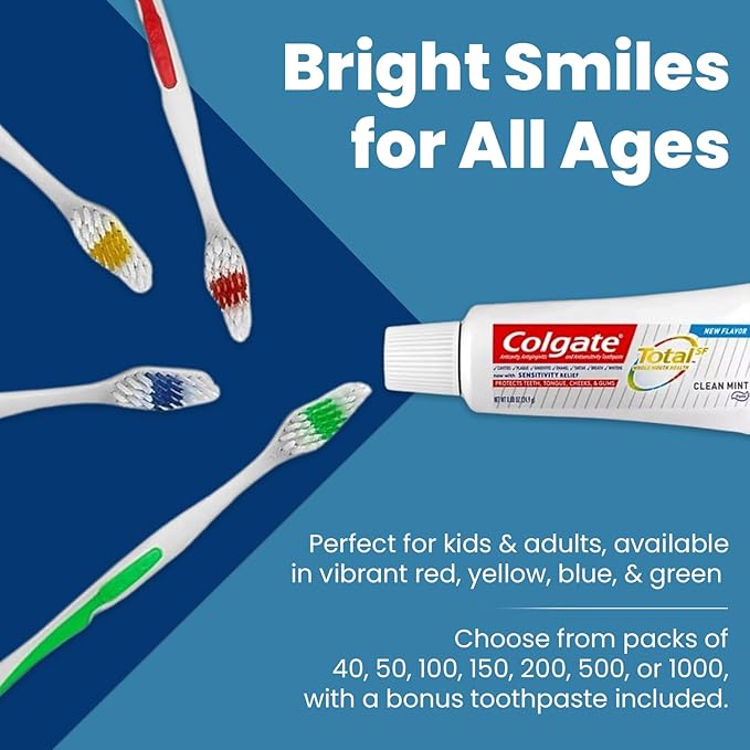 200 Toothbrushes Bulk Wholesale Quantity Standard Size, Dental Care Toiletries, Medium Soft Bristles, Individually Wrapped, Homeless Care, Disposable Use, Hotels, Travel