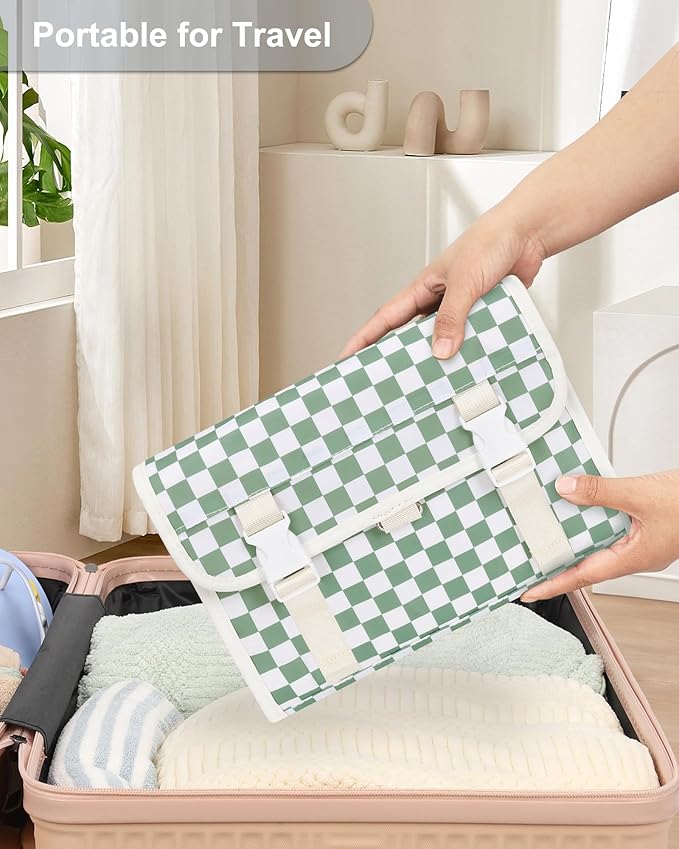 Relavel Travel Hanging Toiletry Bag for Women, Large Capacity Wash Bag with 360 degree Rotation Hanging Hook, Portable Toiletries Makeup Organizer Storage for Daily Use, Trip, Camping - Green Plaid