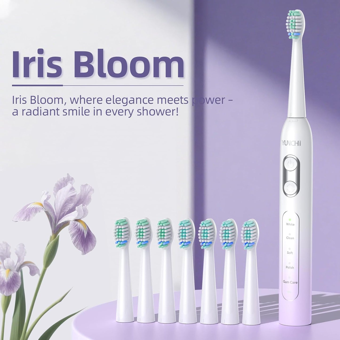 YUNCHI Electric Toothbrush for Adults and Kids, Travel Electric Toothbrush & Case, Sonic Rechargeable Toothbrushes, 90 Days, 8 Brush Heads, 2 Min Timer, IPX7 Waterproof, 5 Modes, Purple White Gradient