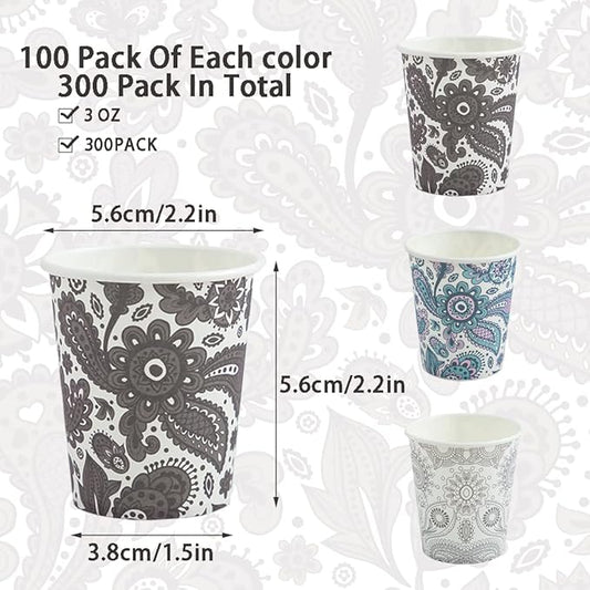 [300 Pack] 3 oz Disposable Paper Cups, Small Mouthwash 3 OZ Mini Bathroom Cups 3 Ounce for Supermarket, Birthday Party, Travel, Events, Picnic, BBQ (Paisley)
