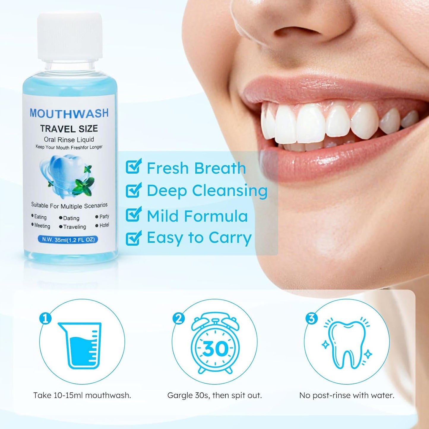 Travel Mouthwash Bulk, 1.2 Oz/35ml Mini Mouthwash Bulk, for Freshening Breath, Easy to Carry, Suitable for Work, Travel, Hotels, Dating Essentials (10-Pack)