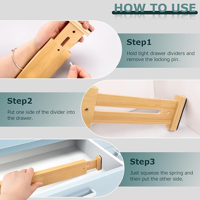 Lzerking Drawer Divider 4 Pack, Kitchen Bamboo Drawer Organizers, 17-22" Adjustable Wood Dividers for Clothes, Spring Loaded, Works in Kitchen, Dresser, Bathroom and Bedroom
