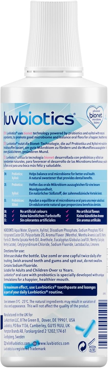 Luv Biotics Mouthwash with Oral Probiotics, Xylitol & Aloe Vera - 3 x 500ml