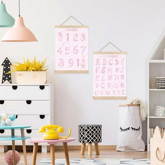 Pink Numbers 0-10 Alphabet Baby Learning Poster Wall Art Decor, Girl Nursery Decor, Coquette Pink Bow Learning Wall Decor Posters for Toddler Baby Girls Kids Room Playroom Homeschool, 12x16 Inch Set of 2