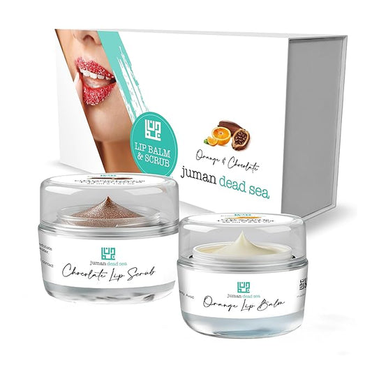 Juman Dead Sea Minerals Lip Care Set | Hydrating Lip Balm & Scrub | Orange & Chocolate | For Chapped & Dry Lips | Dorm Essentials | Vegan | SLS & Paraben-Free | Great as a Gift
