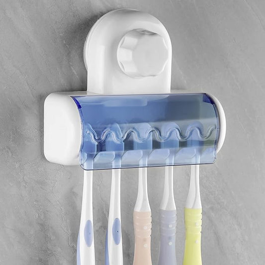 1 PCS Self Adhesive Toothbrush Holder with Cover for Bathroom, 5-Slot Wall Mounted Toothbrush Organizer Rack for Shower, Dorm, Cabinet