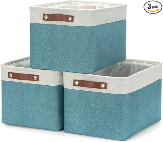 HNZIGE Storage Baskets Bins (3 Pack) Large Shelf Baskets for Clothes, Decorative Storage Bins with Handles, Canvas Collapsible Storage Bins for Organizing Storage (Gray&Teal, 15" X 11" X 9.5")