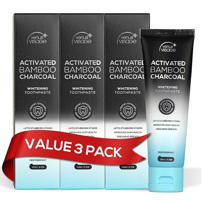 Venus Visage Activated Charcoal Toothpaste for Whitening, 3 Pack - Effective Teeth Whitening Toothpaste for Surface Stains - Peppermint Flavor (3.7 oz/105 g)