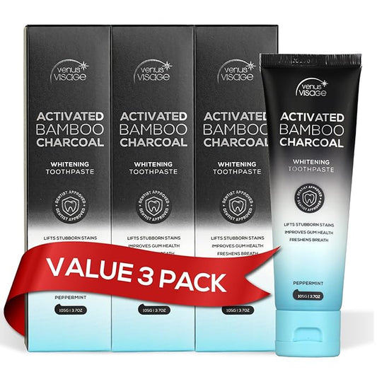 Venus Visage Activated Charcoal Toothpaste for Whitening, 3 Pack - Effective Teeth Whitening Toothpaste for Surface Stains - Peppermint Flavor (3.7 oz/105 g)