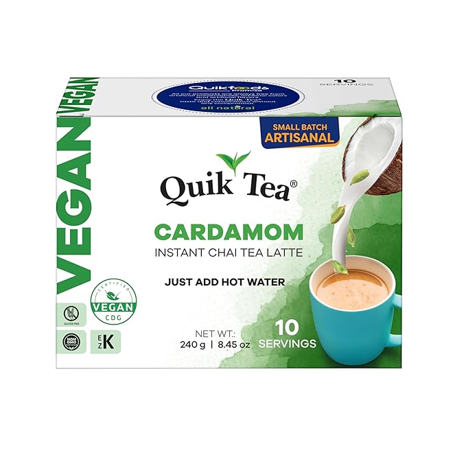 QuikTea Vegan Cardamom Chai Tea Latte – 10 Count, Bold Cardamom Flavor, Naturally Caffeine-Light, no preservatives – Just Add Hot Water