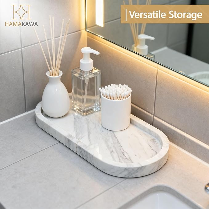 Oval Bathroom Vanity Tray, Large Natural Marble Sink Tray 10 Inch, Volakas White Stone Soap Trays, Modern Perfume Trays, Countertop Organizer for Kitchen, Coffee Table, Home Decor